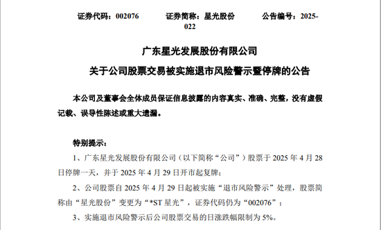 线上配资知识网 星光股份自4月29日起将被实施退市风险警示，4月28日停牌一天